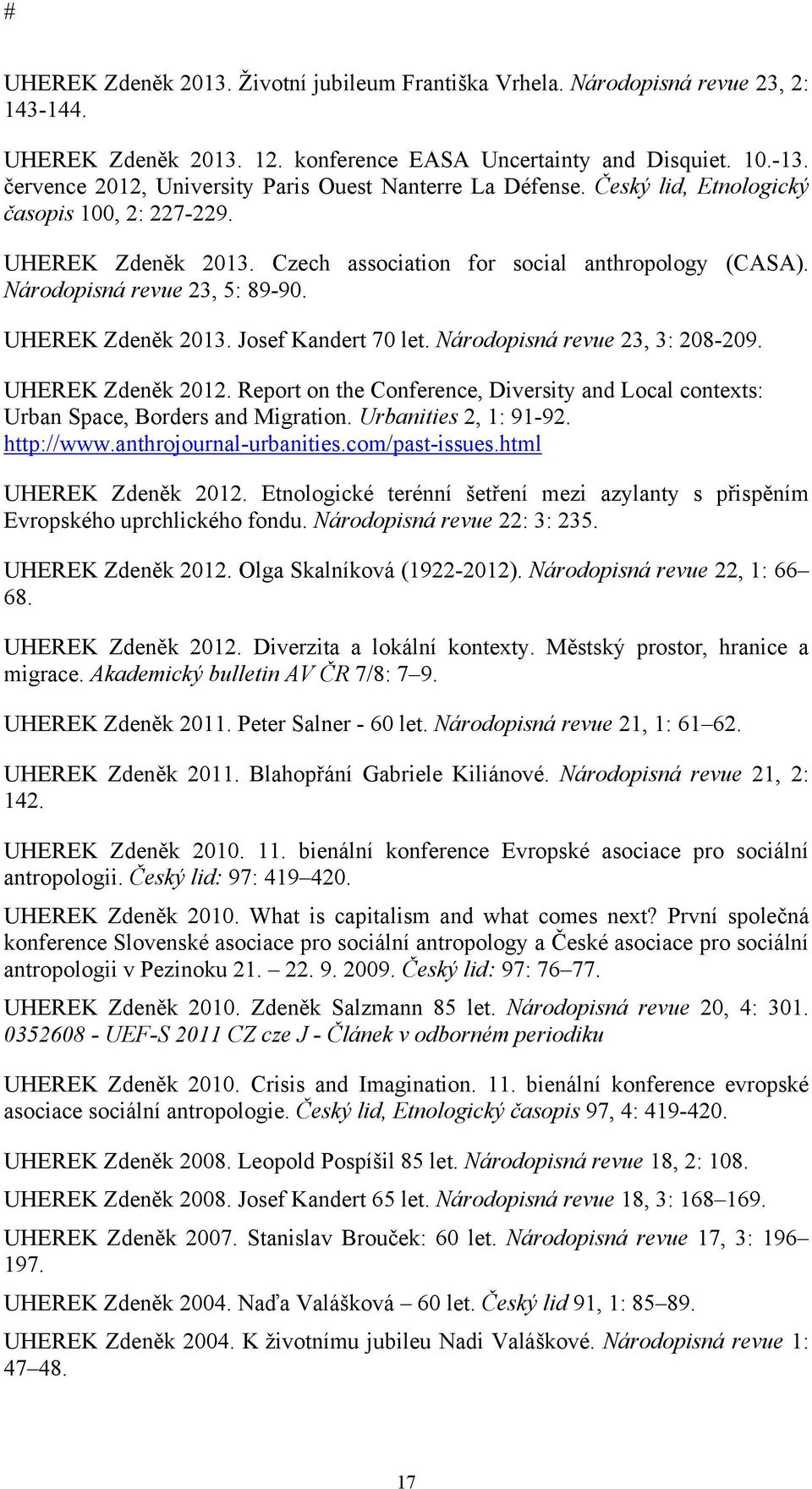 Národopisná revue 23, 5: 89-90. UHEREK Zdeněk 2013. Josef Kandert 70 let. Národopisná revue 23, 3: 208-209. UHEREK Zdeněk 2012.