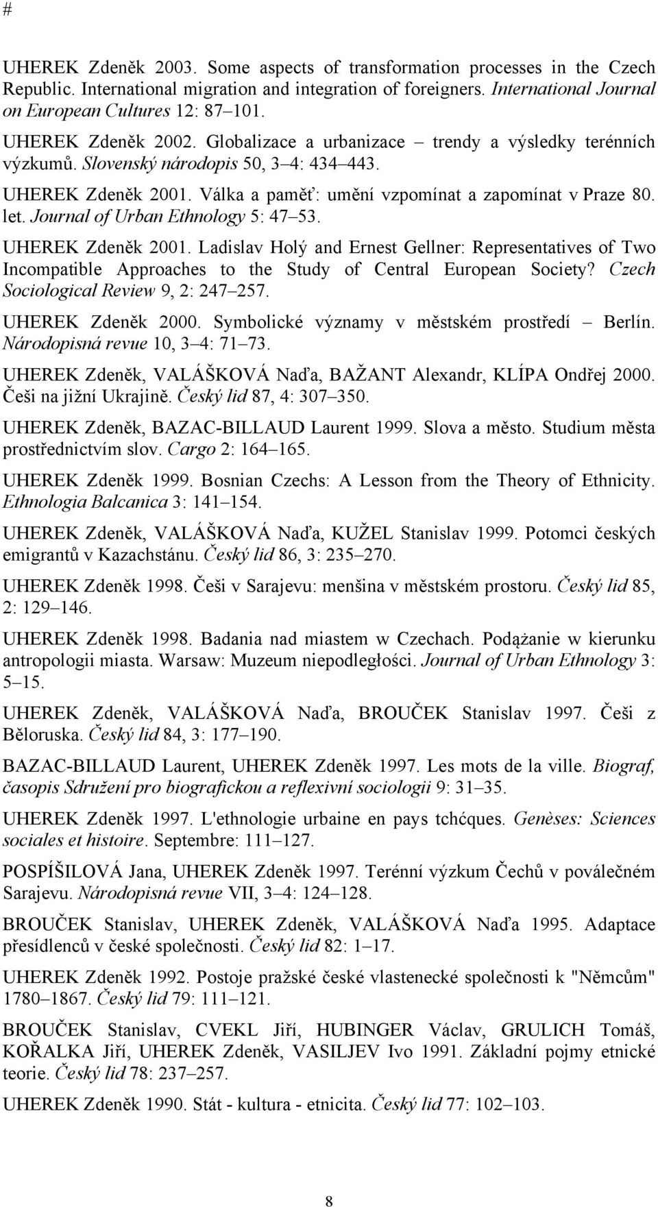 Journal of Urban Ethnology 5: 47 53. UHEREK Zdeněk 2001. Ladislav Holý and Ernest Gellner: Representatives of Two Incompatible Approaches to the Study of Central European Society?