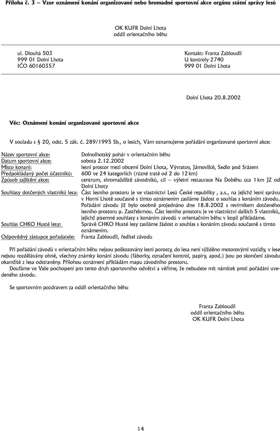 5 zák. č. 289/1995 Sb., o lesích, Vám oznamujeme pořádání organizované sportovní akce: Název sportovní akce: Dolnolhotský pohár v orientačním běhu Datum sportovní akce: sobota 2.12.