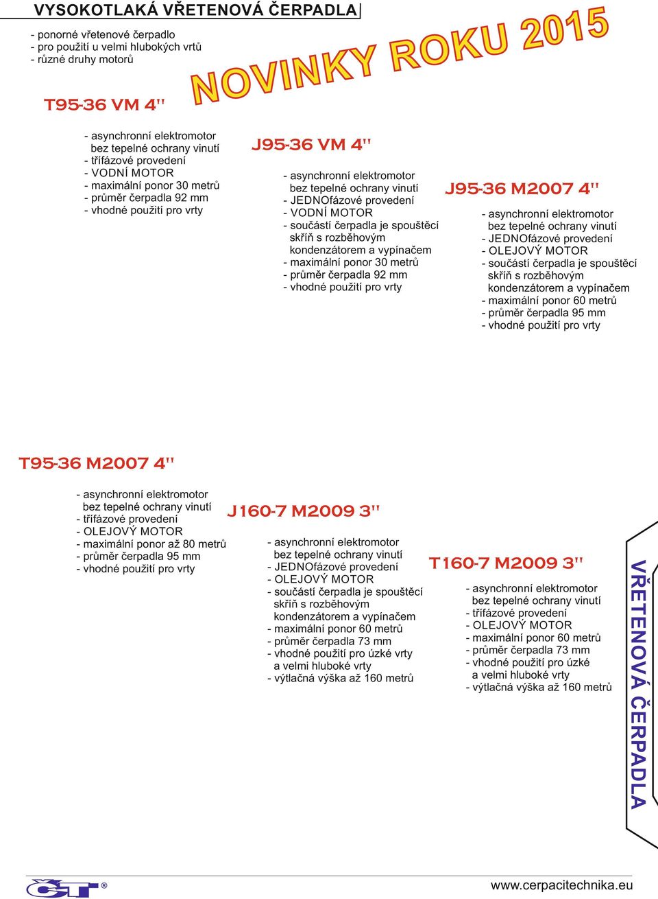 průměr čerpadla 92 mm - vhodné použití pro vrty J95-36 M27 4" - JEDNOfázové provedení - OLEJOVÝ MOTOR - součástí čerpadla je spouštěcí skříň s rozběhovým kondenzátorem a vypínačem - maximální ponor 6