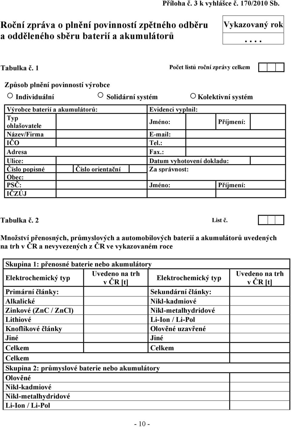 Název/Firma E-mail: IČO Tel.: Adresa Fax.: Ulice: Datum vyhotovení dokladu: Číslo popisné Číslo orientační Za správnost: Obec: PSČ: Jméno: Příjmení: IČZÚJ Tabulka č. 2 List č.