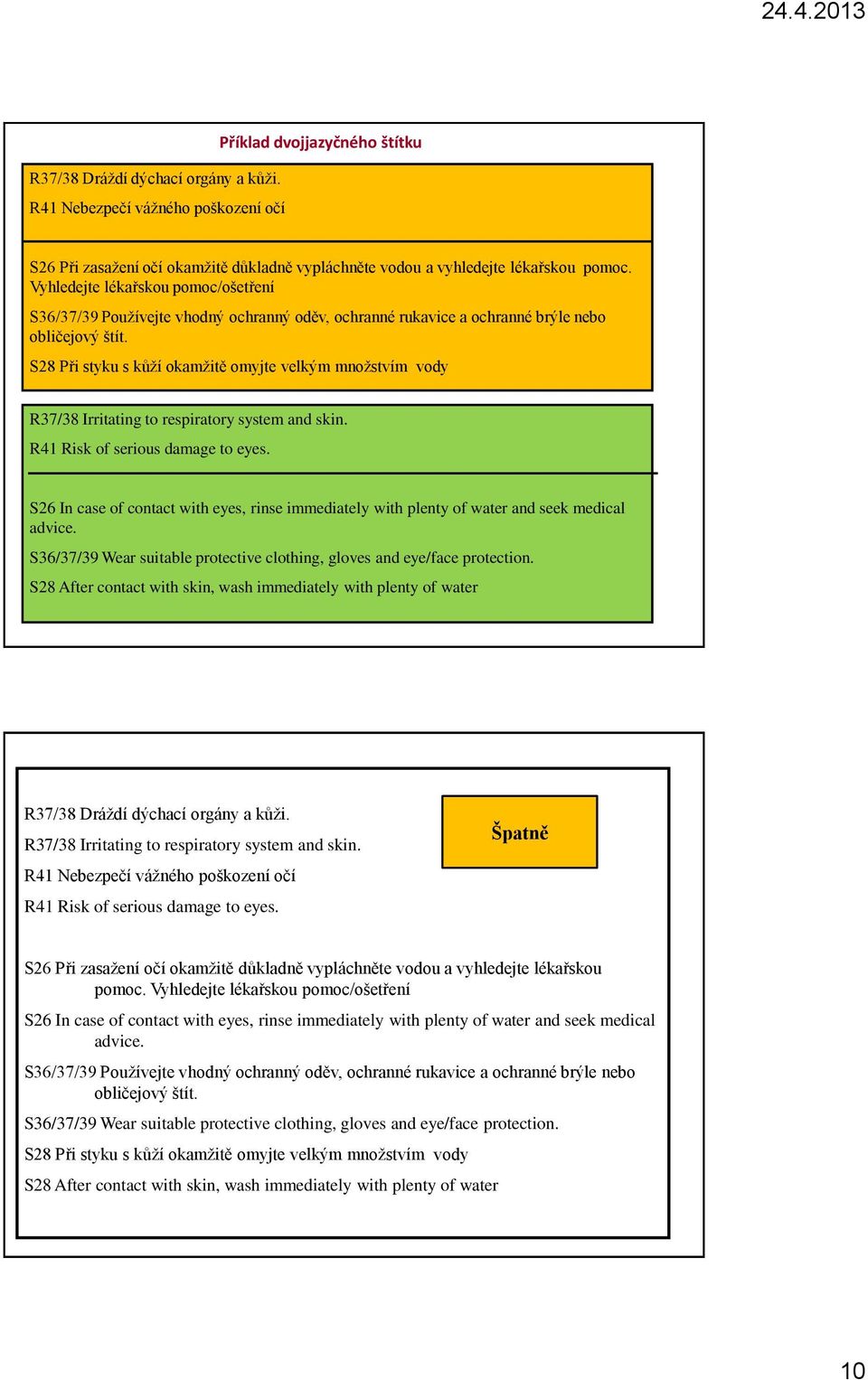 S28 Při styku s kůží okamžitě omyjte velkým množstvím vody R37/38 Irritating to respiratory system and skin. R41 Risk of serious damage to eyes.