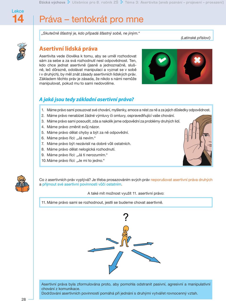 Ten, kdo chce jednat asertivně (jasně a jednoznačně, slušně, leč důrazně, odolávat manipulaci a vyznat se v sobě i v druhých), by měl znát zásady asertivních lidských práv.