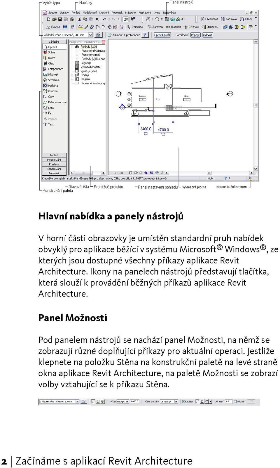 Ikony na panelech nástrojů představují tlačítka, která slouží k provádění běžných příkazů aplikace Revit Architecture.