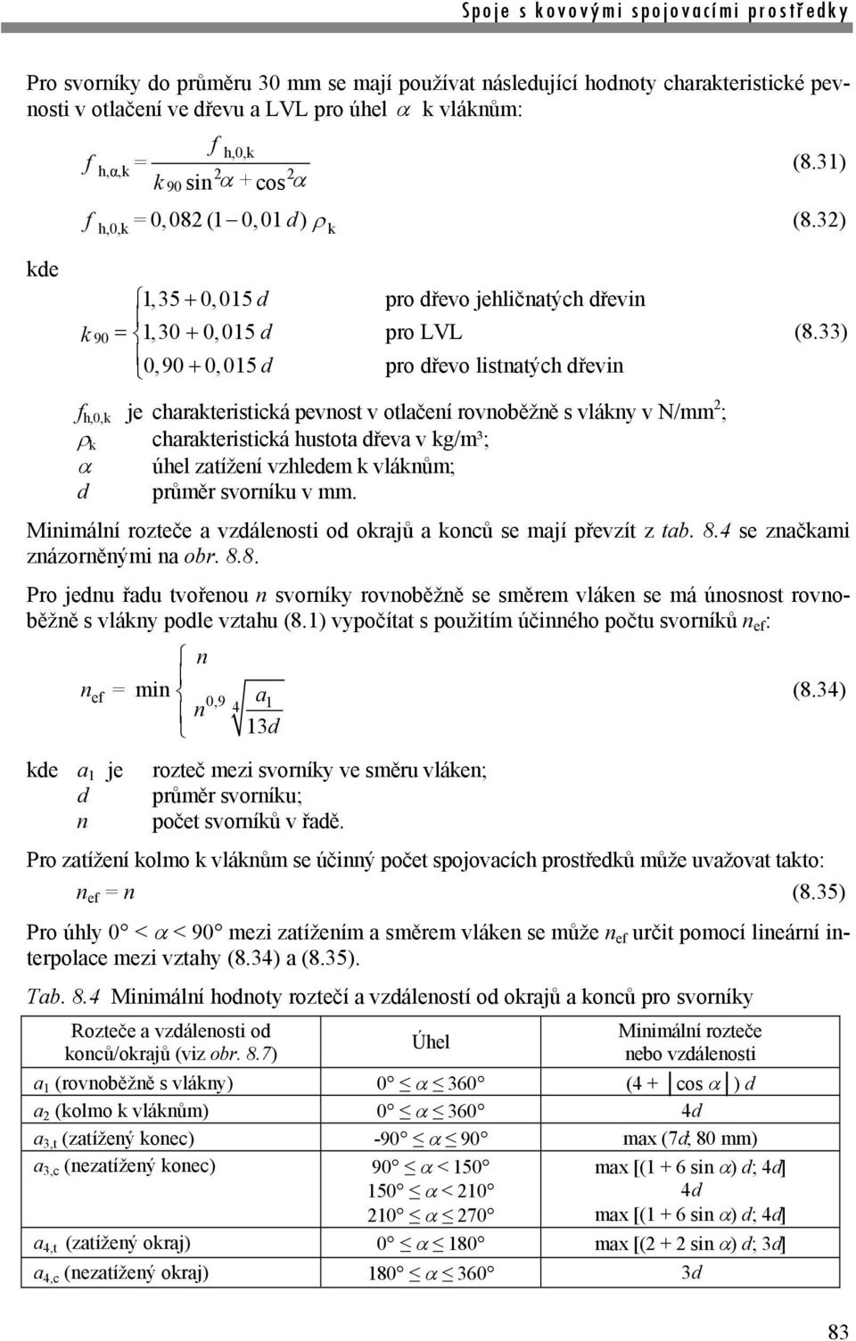 33) f h,0,k je charakteristická pevnost v otlačení rovnoběžně s vlákny v N/mm 2 ; k charakteristická hustota dřeva v kg/m³; úhel zatížení vzhledem k vláknům; d průměr svorníku v mm.