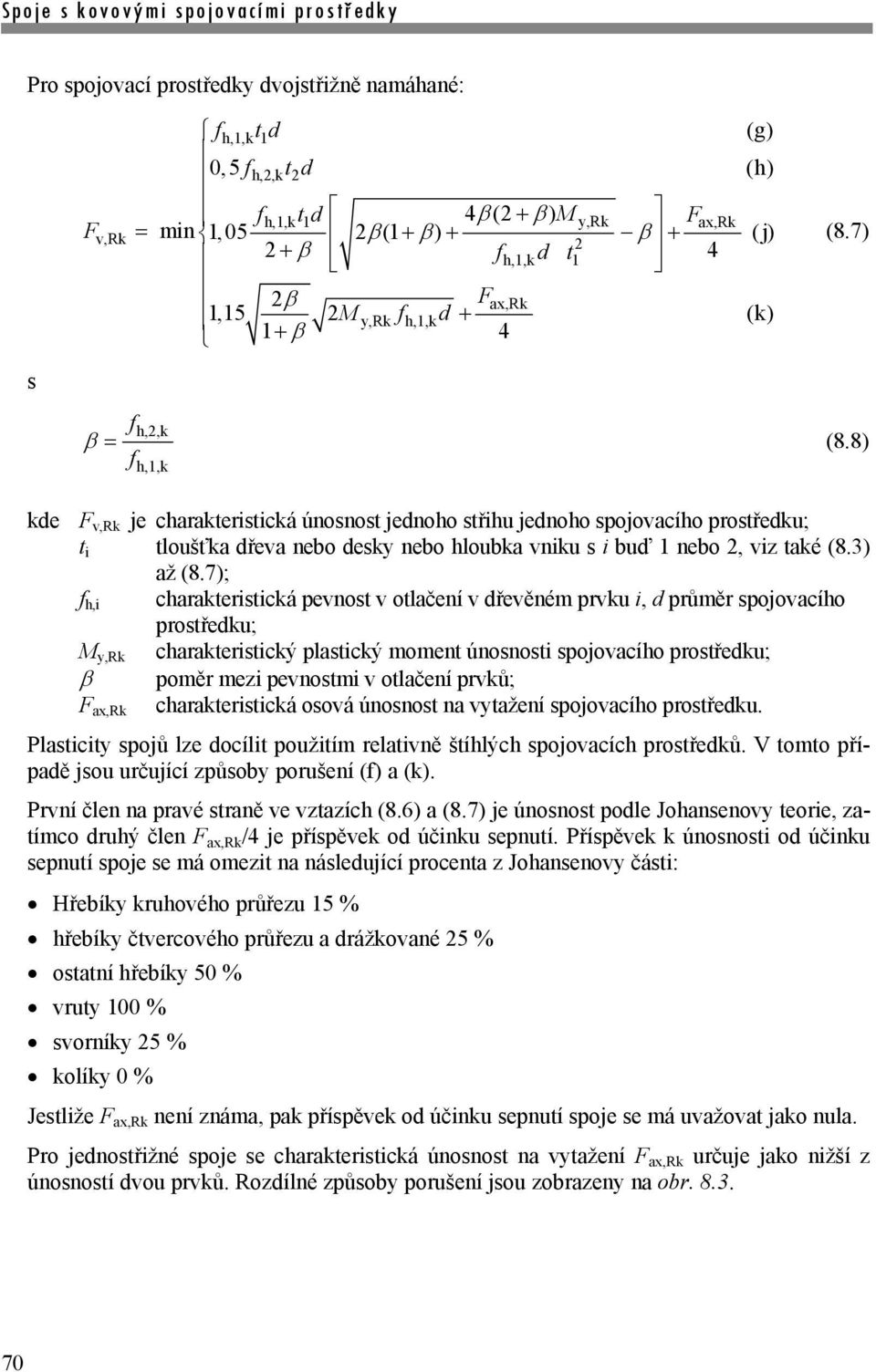 7); f h,i charakteristická pevnost v otlačení v dřevěném prvku i, d průměr spojovacího prostředku; M y,rk charakteristický plastický moment únosnosti spojovacího prostředku; poměr mezi pevnostmi v