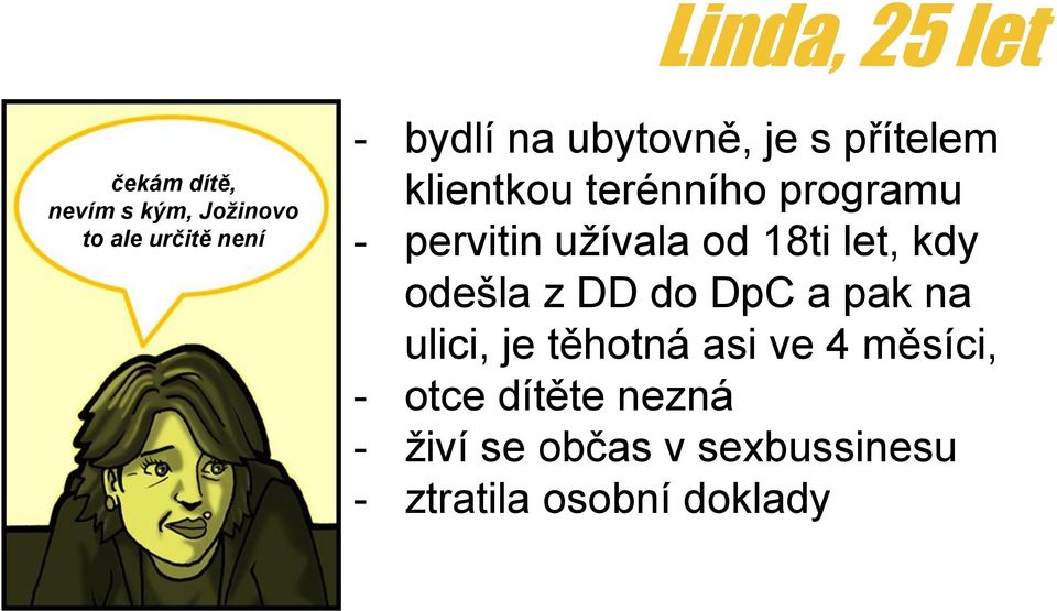 od 18ti let, kdy odešla z DD do DpC a pak na ulici, je těhotná asi ve 4