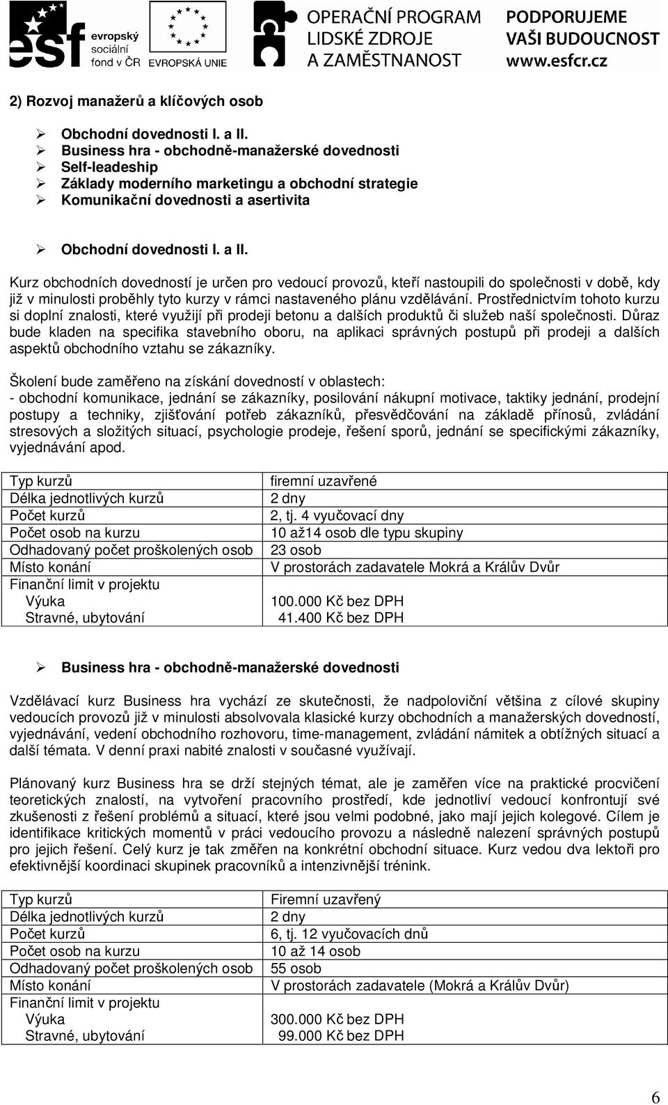 Kurz obchodních dovedností je určen pro vedoucí provozů, kteří nastoupili do společnosti v době, kdy již v minulosti proběhly tyto kurzy v rámci nastaveného plánu vzdělávání.