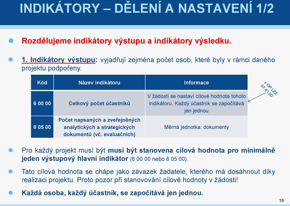 evaluačních) V žádosti se nastaví cílové hodnota tohoto indikátoru.