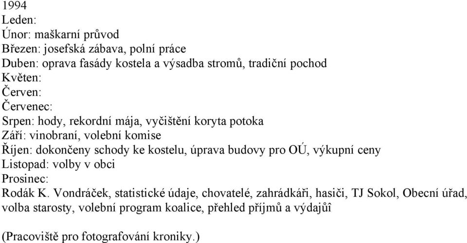 kostelu, úprava budovy pro OÚ, výkupní ceny Listopad: volby v obci Prosinec: Rodák K.