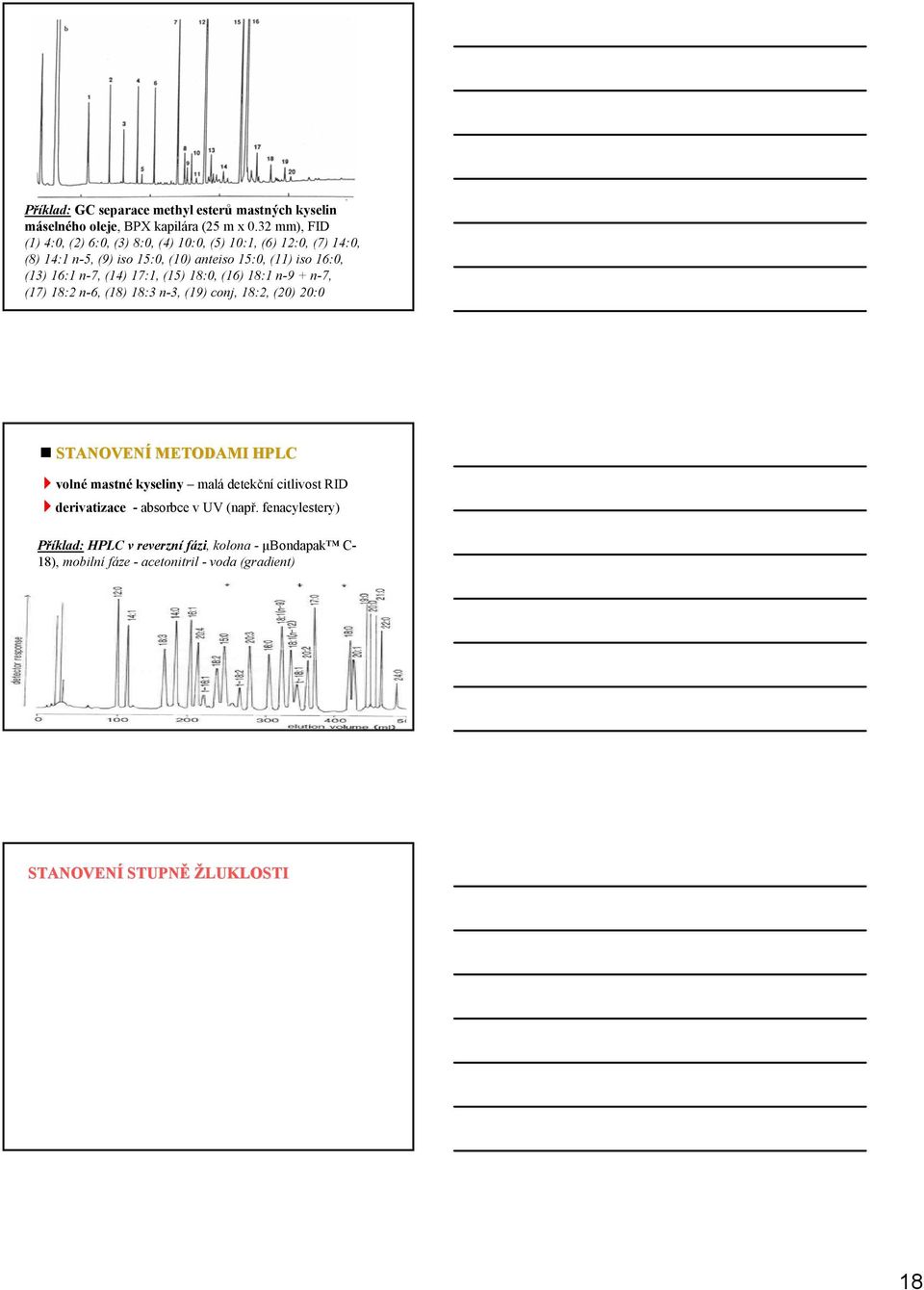 n-7, (14) 17:1, (15) 18:0, (16) 18:1 n-9 + n-7, (17) 18:2 n-6, (18) 18:3 n-3, (19) conj, 18:2, (20) 20:0 STANOVENÍ METODAMI HPLC volné mastné kyseliny