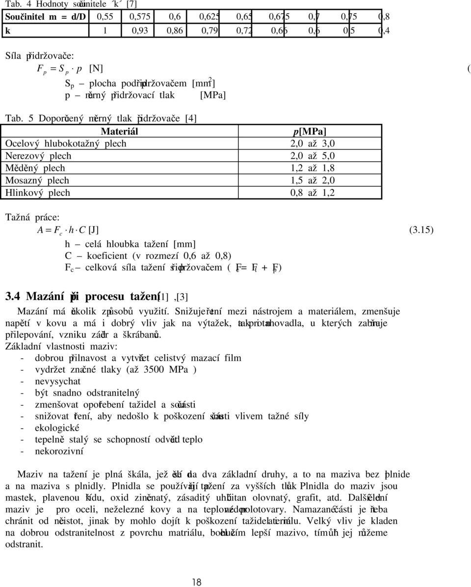 5 Doporučený měrný tlak přidržovače [4] Materiál p[mpa] Ocelový hlubokotažný plech,0 až 3,0 Nerezový plech,0 až 5,0 Měděný plech 1, až 1,8 Mosazný plech 1,5 až,0 Hlinkový plech 0,8 až 1, Tažná práce: