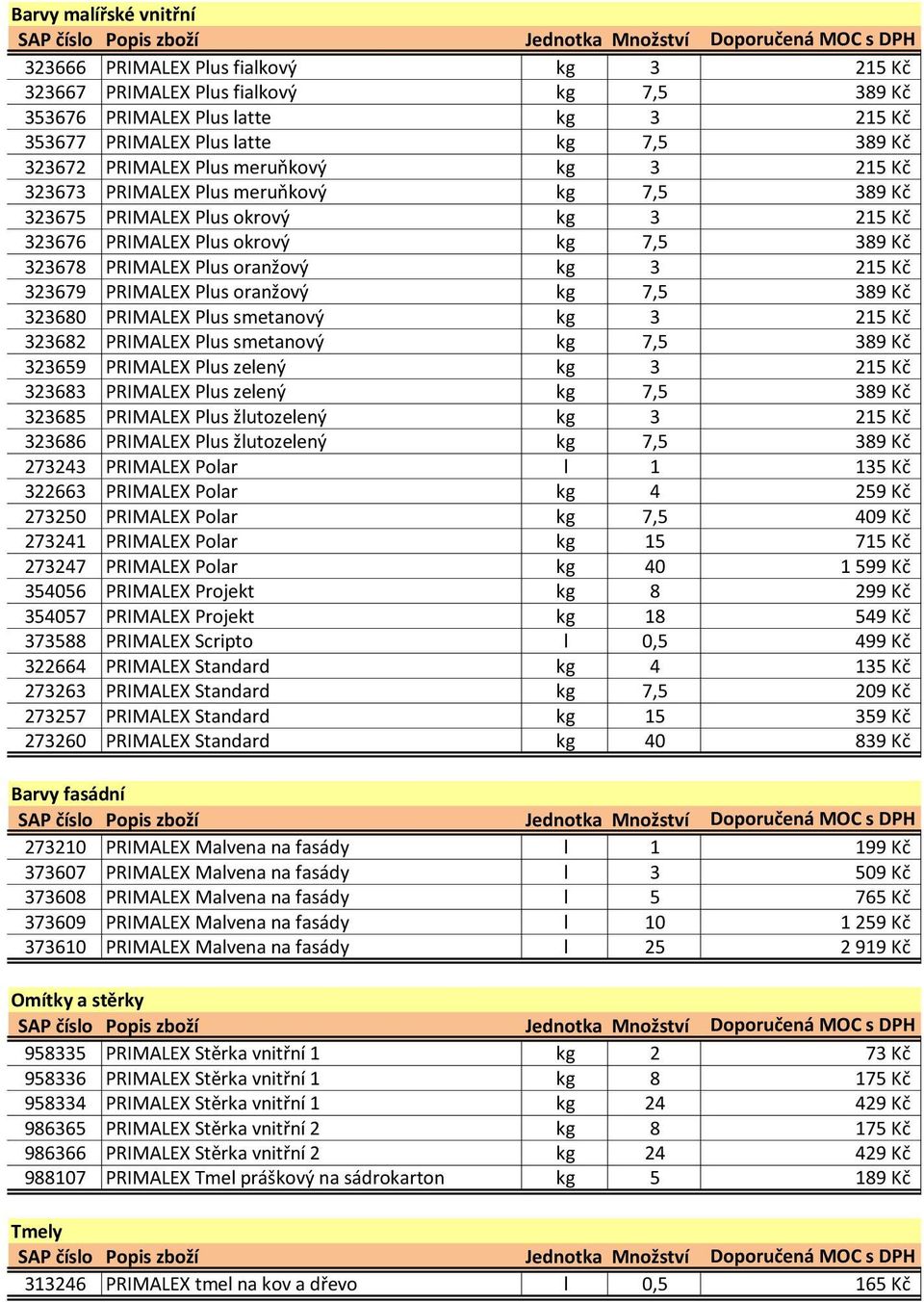 215 Kč 323679 PRIMALEX Plus oranžový kg 7,5 389 Kč 323680 PRIMALEX Plus smetanový kg 3 215 Kč 323682 PRIMALEX Plus smetanový kg 7,5 389 Kč 323659 PRIMALEX Plus zelený kg 3 215 Kč 323683 PRIMALEX Plus