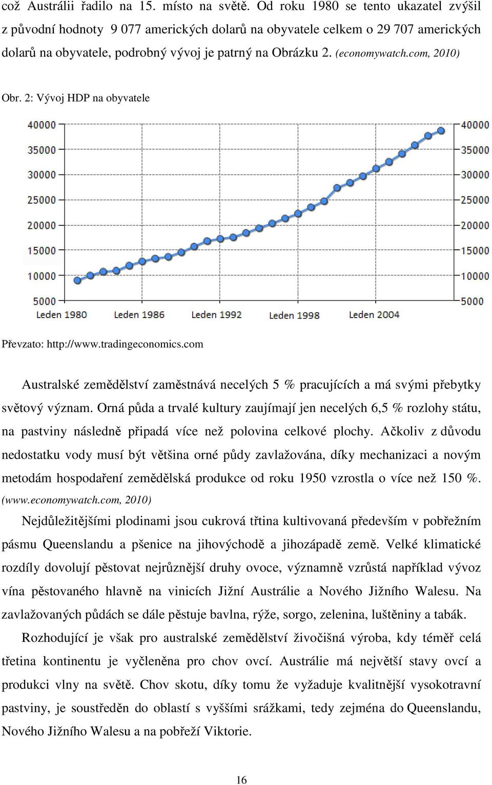 com, 2010) Obr. 2: Vývoj HDP na obyvatele Převzato: http://www.tradingeconomics.com Australské zemědělství zaměstnává necelých 5 % pracujících a má svými přebytky světový význam.