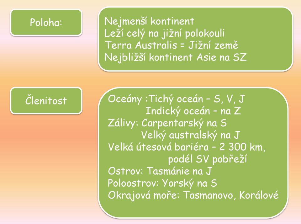 Zálivy: Carpentarský na S Velký australský na J Velká útesová bariéra 2 300 km, podél