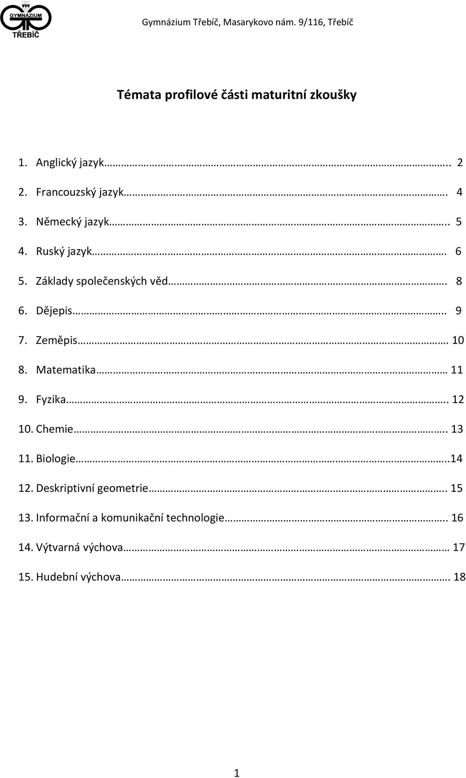 10 8. Matematika 11 9. Fyzika.. 12 10. Chemie.. 13 11. Biologie..14 12. Deskriptivní geometrie.