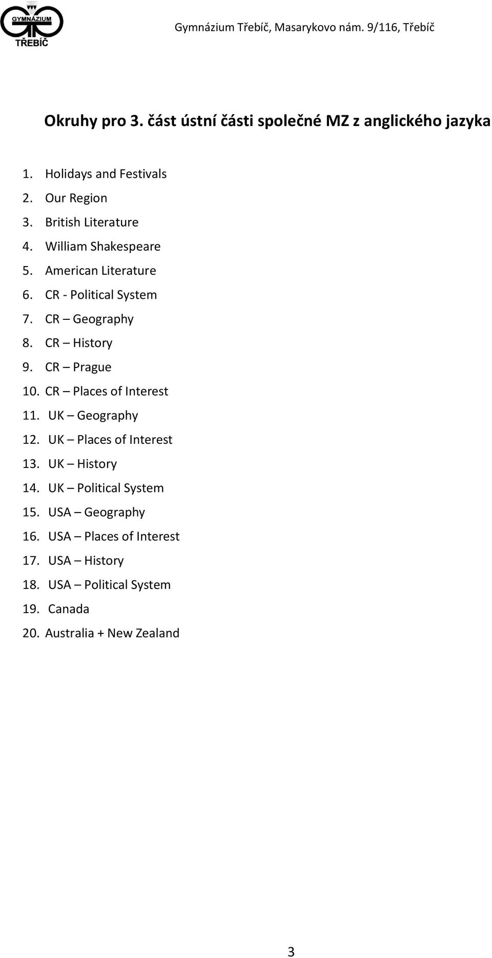 CR History 9. CR Prague 10. CR Places of Interest 11. UK Geography 12. UK Places of Interest 13. UK History 14.