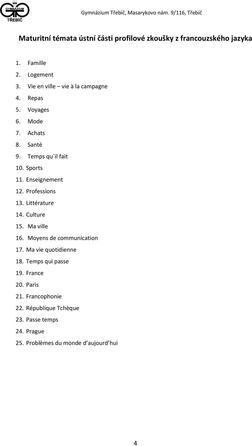 Enseignement 12. Professions 13. Littérature 14. Culture 15. Ma ville 16. Moyens de communication 17.