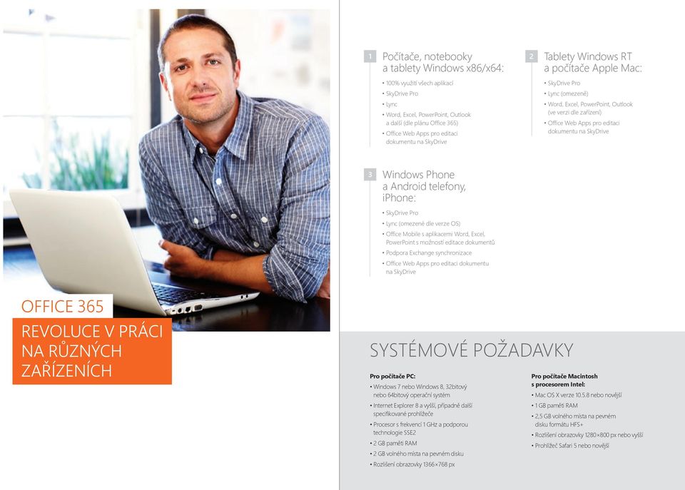 Android telefony, iphone: SkyDrive Pro Lync (omezené dle verze OS) Office Mobile s aplikacemi Word, Excel, PowerPoint s možností editace dokumentů Podpora Exchange synchronizace Office Web Apps pro