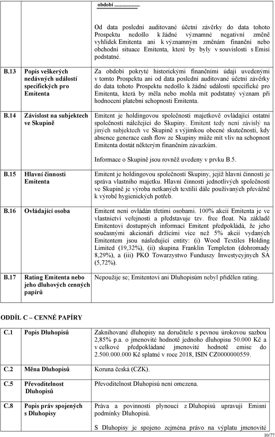 by byly v souvislosti s Emisí podstatné. B.13 Popis veškerých nedávných událostí specifických pro Emitenta B.
