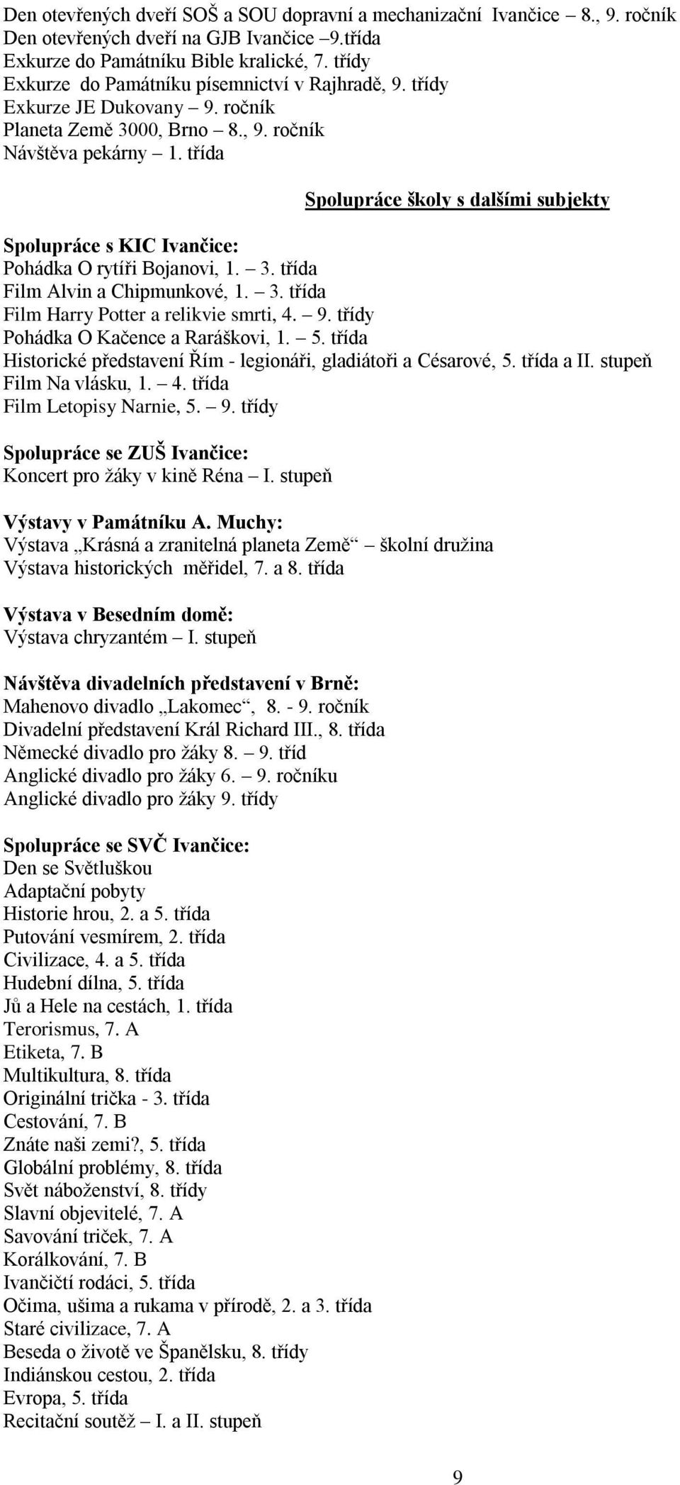 třída Splupráce škly s dalšími subjekty Splupráce s KIC Ivančice: Phádka O rytíři Bjanvi, 1. 3. třída Film Alvin a Chipmunkvé, 1. 3. třída Film Harry Ptter a relikvie smrti, 4. 9.