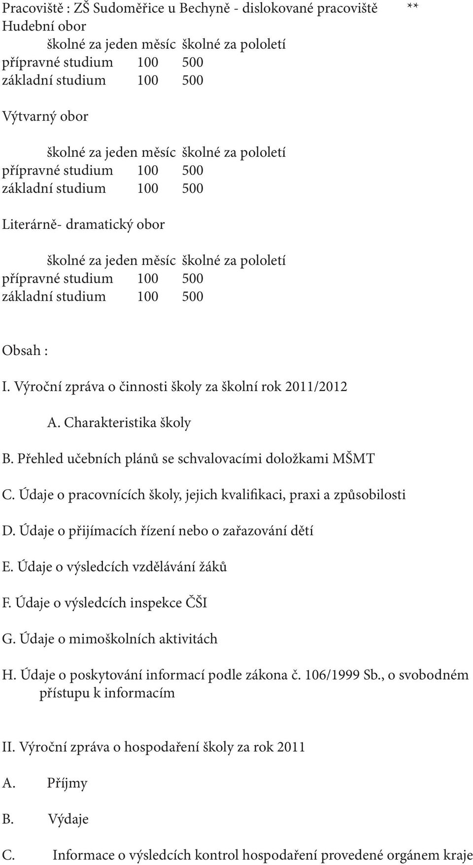 Obsah : I. Výroční zpráva o činnosti školy za školní rok 2011/2012 A. Charakteristika školy B. Přehled učebních plánů se schvalovacími doložkami MŠMT C.