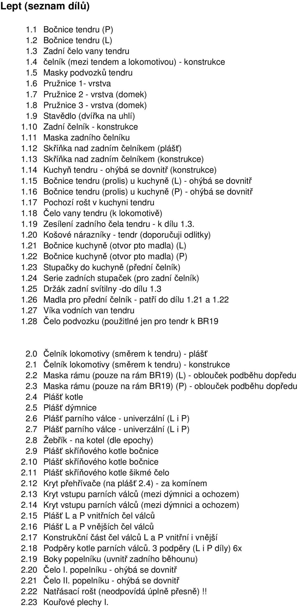 13 Skříňka nad zadním čelníkem (konstrukce) 1.14 Kuchyň tendru - ohýbá se dovnitř (konstrukce) 1.15 Bočnice tendru (prolis) u kuchyně (L) - ohýbá se dovnitř 1.