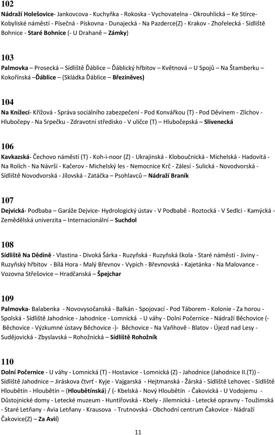 Křížová - Správa sociálního zabezpečení - Pod Konvářkou (T) - Pod Děvínem - Zlíchov - Hlubočepy - Na Srpečku - Zdravotní středisko - V uličce (T) Hlubočepská Slivenecká 106 Kavkazská- Čechovo náměstí