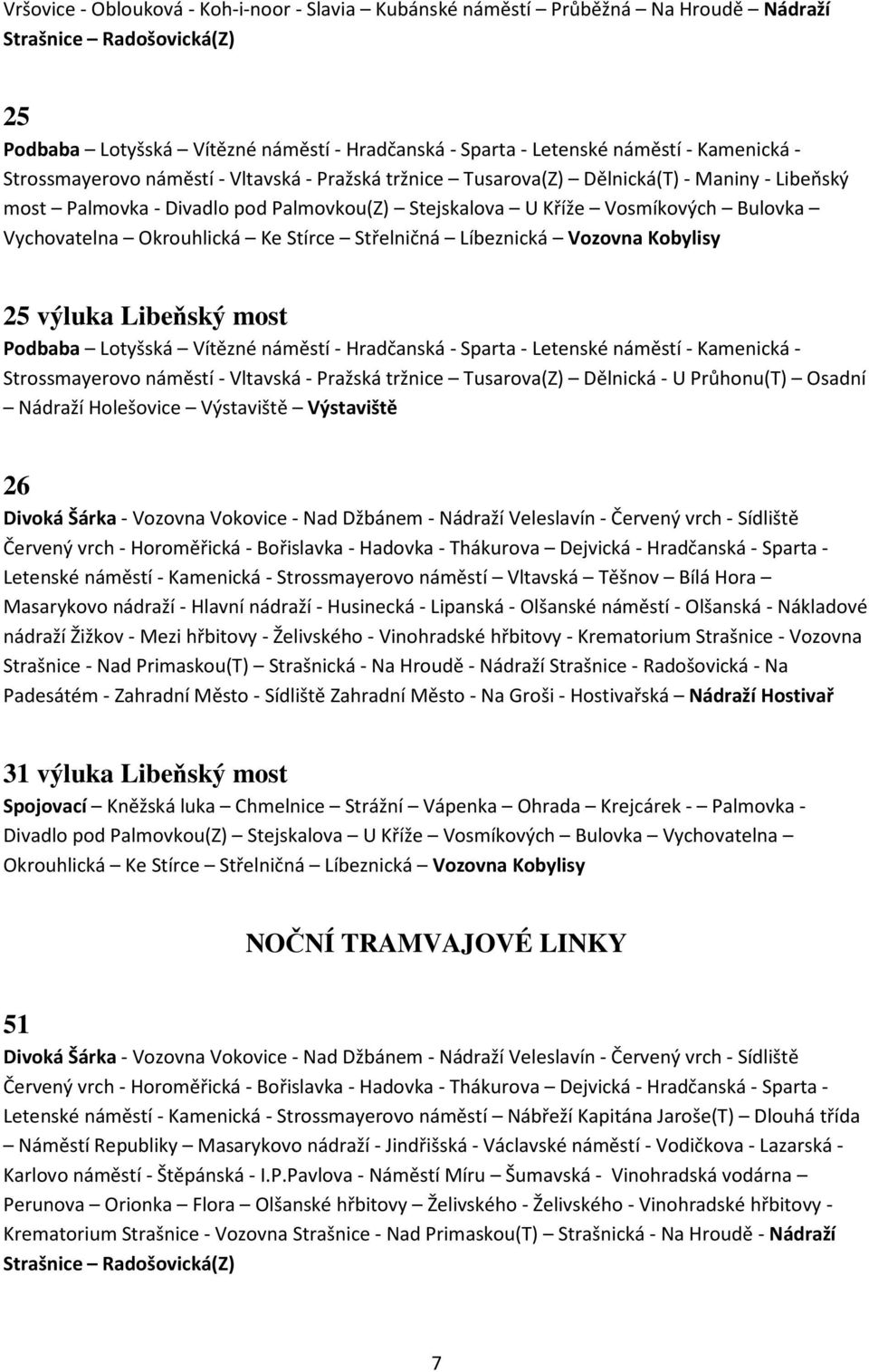 Vychovatelna Okrouhlická Ke Stírce Střelničná Líbeznická Vozovna Kobylisy 25 výluka Libeňský most Podbaba Lotyšská Vítězné náměstí - Hradčanská - Sparta - Letenské náměstí - Kamenická -