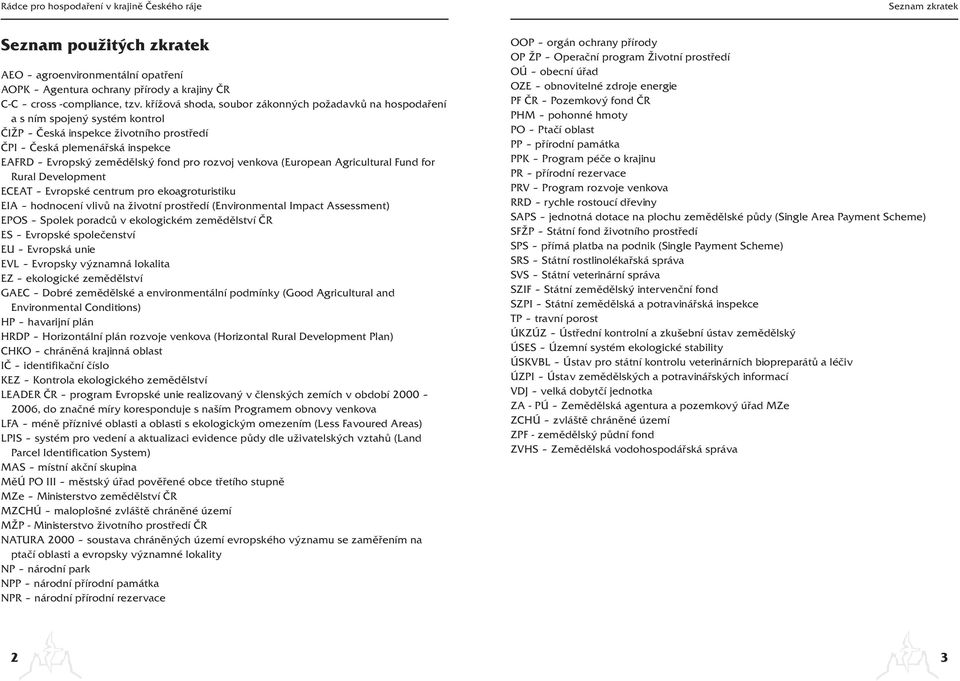 rozvoj venkova (European Agricultural Fund for Rural Development ECEAT Evropské centrum pro ekoagroturistiku EIA hodnocení vlivů na životní prostředí (Environmental Impact Assessment) EPOS Spolek