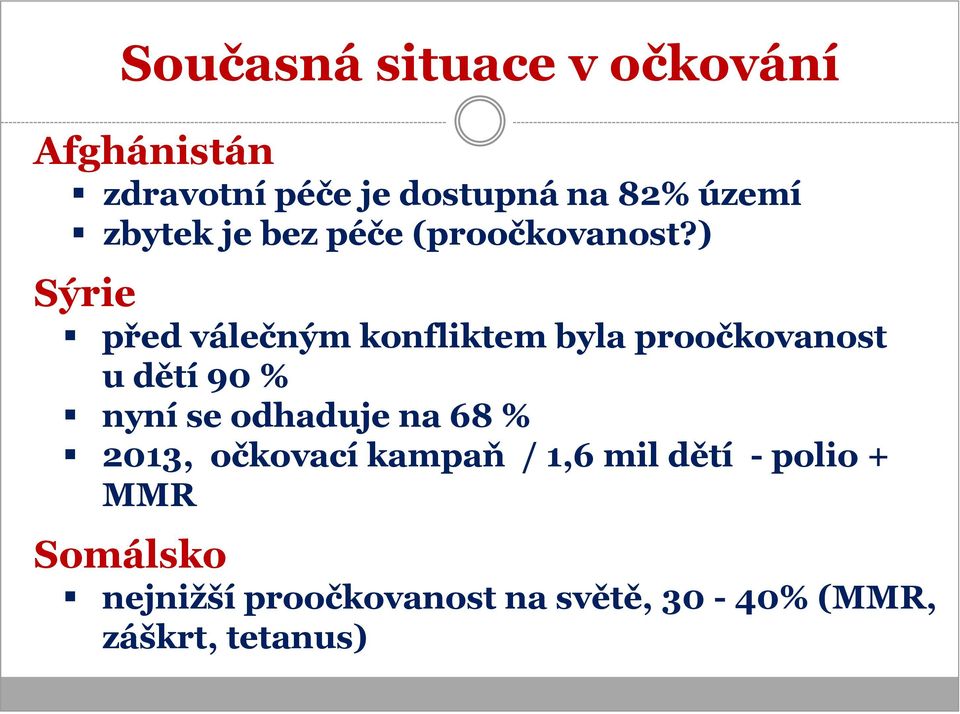 ) Sýrie před válečným konfliktem byla proočkovanost u dětí 90 % nyní se odhaduje