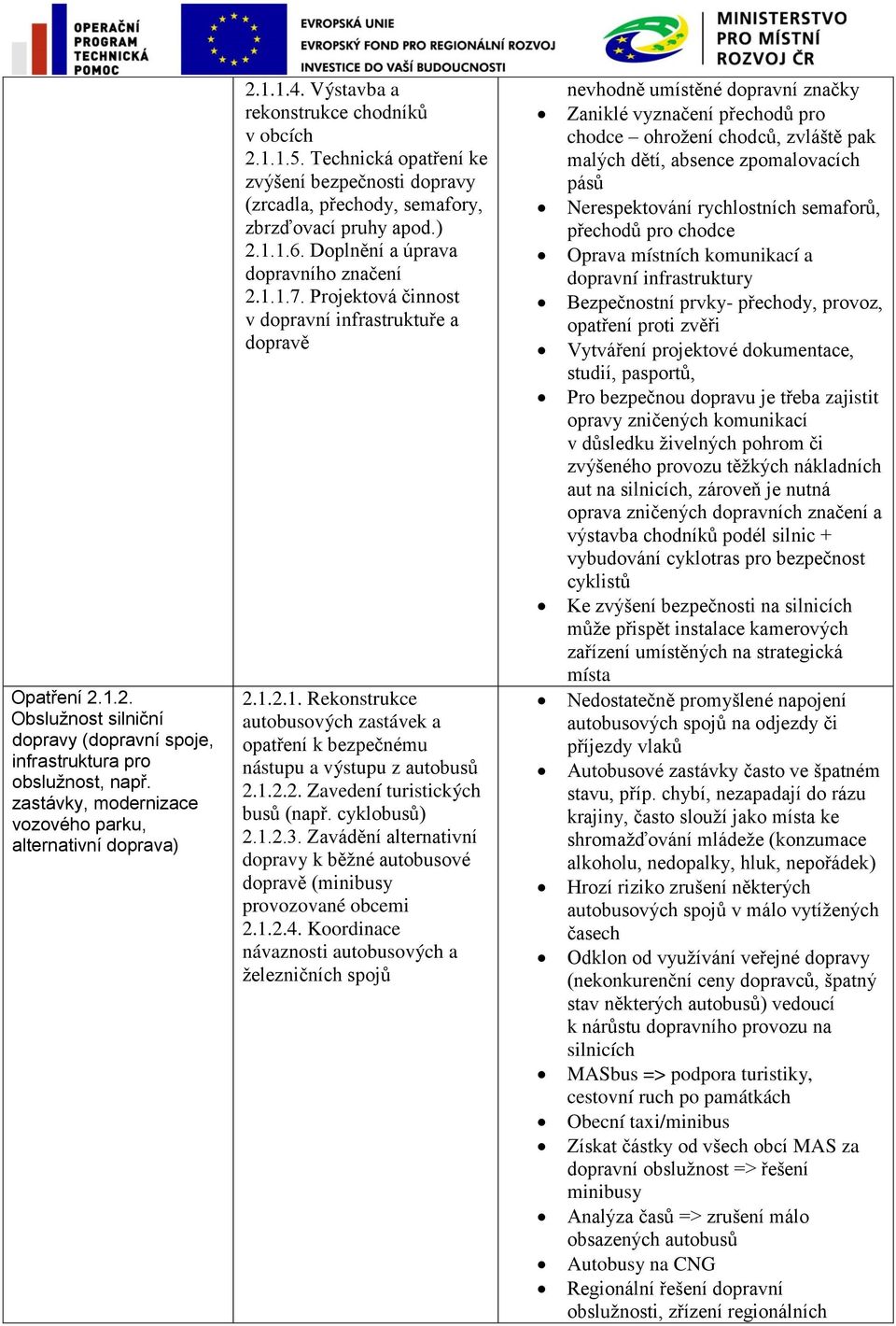 Doplnění a úprava dopravního značení 2.1.1.7. Projektová činnost v dopravní infrastruktuře a dopravě 2.1.2.1. Rekonstrukce autobusových zastávek a opatření k bezpečnému nástupu a výstupu z autobusů 2.