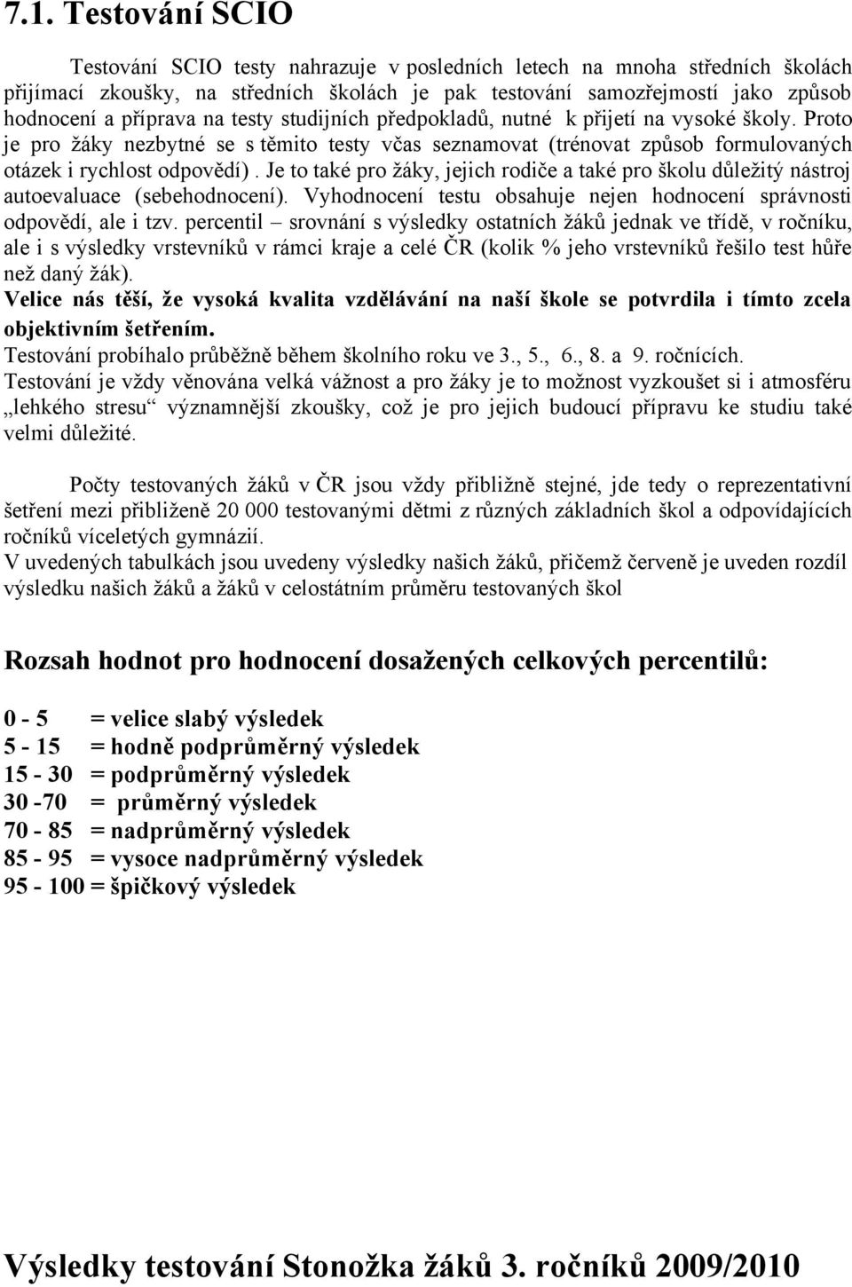 Je to také pro žáky, jejich rodiče a také pro školu důležitý nástroj autoevaluace (sebehodnocení). Vyhodnocení testu obsahuje nejen hodnocení správnosti odpovědí, ale i tzv.