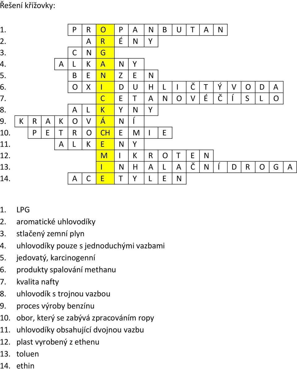 aromatické uhlovodíky 3. stlačený zemní plyn 4. uhlovodíky pouze s jednoduchými vazbami 5. jedovatý, karcinogenní 6. produkty spalování methanu 7. kvalita nafty 8.