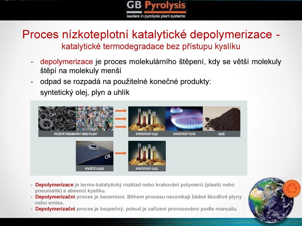 Depolymerizace je termo-katalytický rozklad nebo krakování polymerů (plastů nebo pneumatik) s absencí kyslíku.