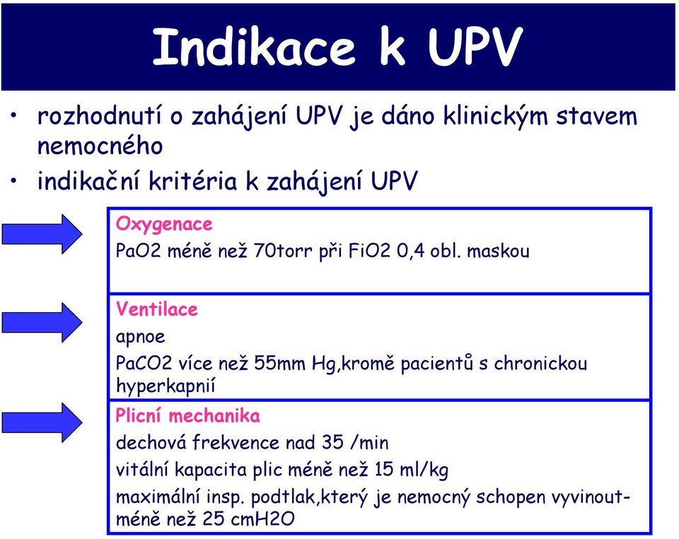 maskou Ventilace apnoe PaCO2 více než 55mm Hg,kromě pacientů s chronickou hyperkapnií Plicní