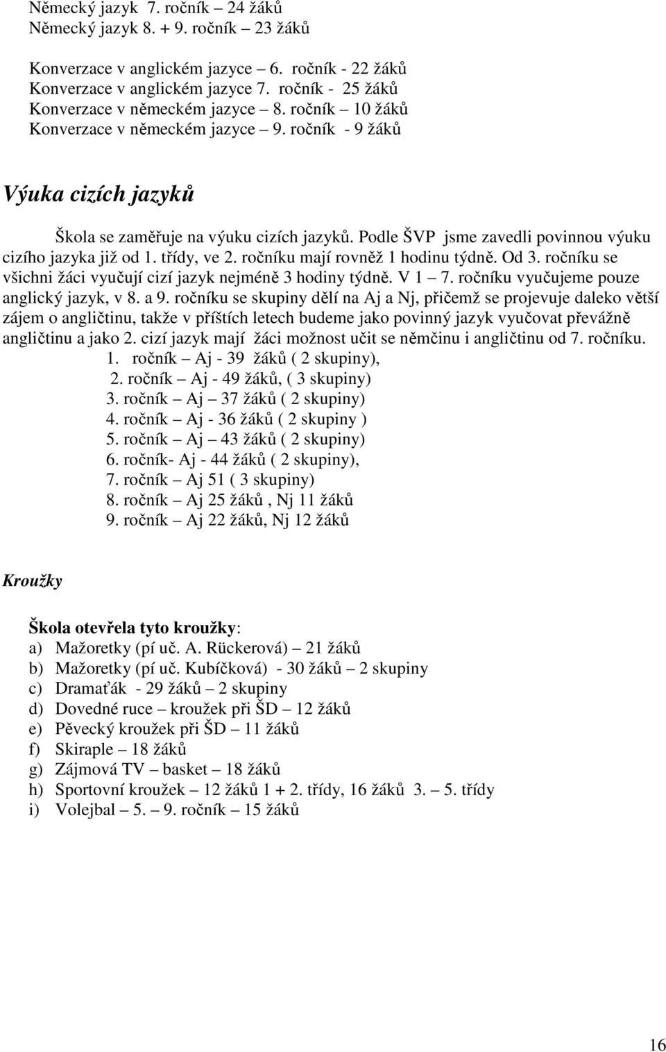 ročníku mají rovněž 1 hodinu týdně. Od 3. ročníku se všichni žáci vyučují cizí jazyk nejméně 3 hodiny týdně. V 1 7. ročníku vyučujeme pouze anglický jazyk, v 8. a 9.