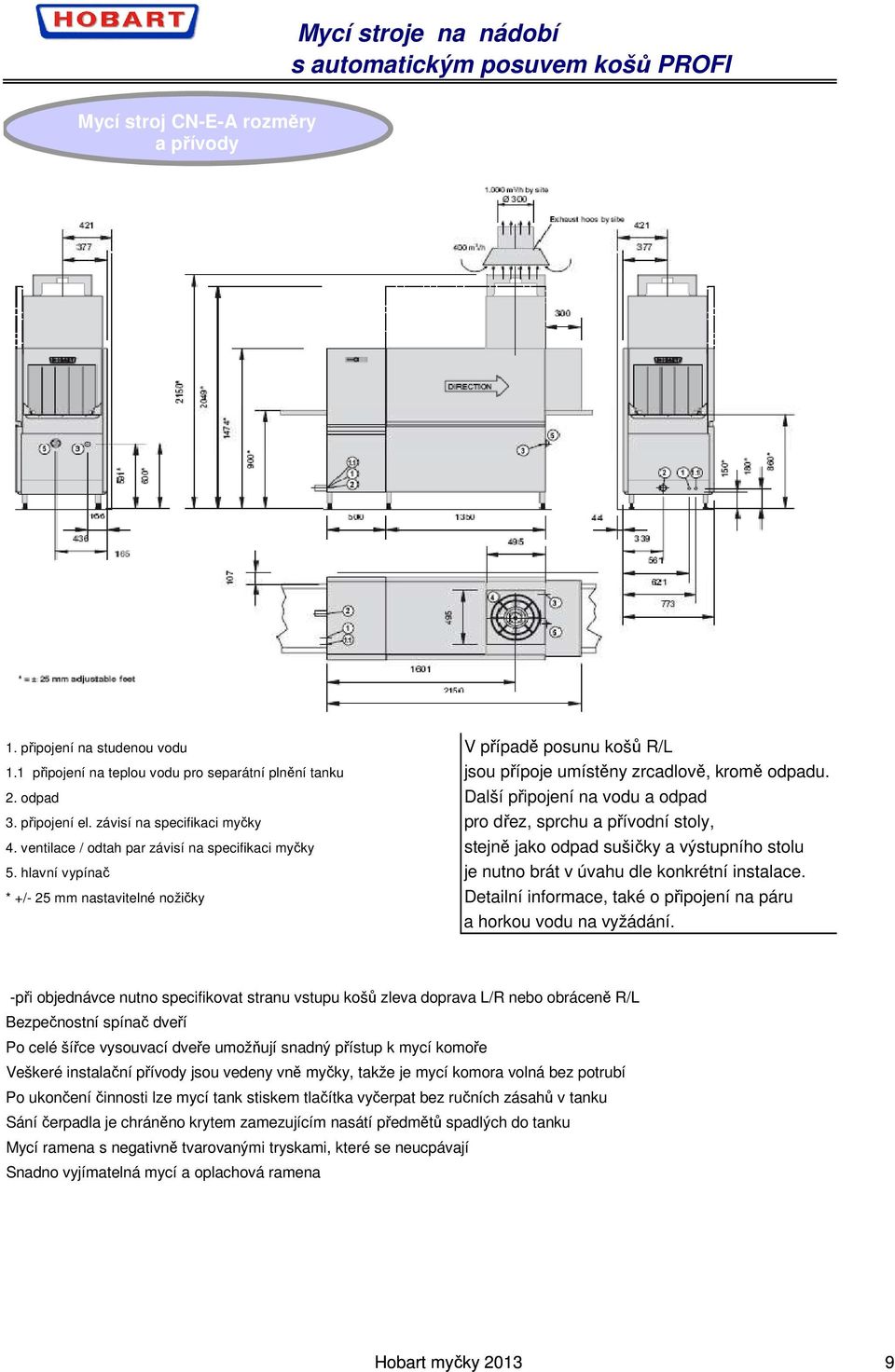 ventilace / odtah par závisí na specifikaci myčky stejně jako odpad sušičky a výstupního stolu 5. hlavní vypínač je nutno brát v úvahu dle konkrétní instalace.