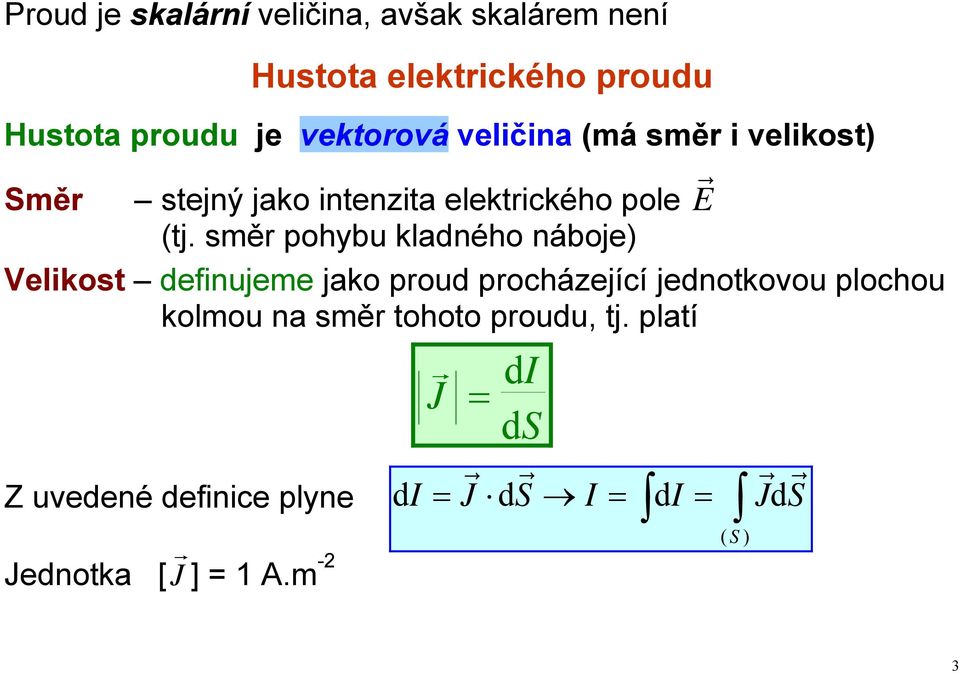 směr pohybu kladného náboje) Velikost definujeme jako proud procházející jednotkovou plochou kolmou na