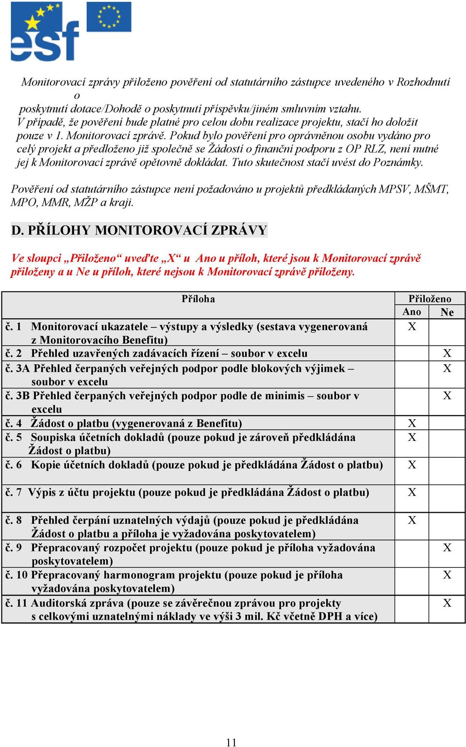 Pokud bylo pověření pro oprávněnou osobu vydáno pro celý projekt a předloženo již společně se Žádostí o finanční podporu z OP RLZ, není nutné jej k Monitorovací zprávě opětovně dokládat.