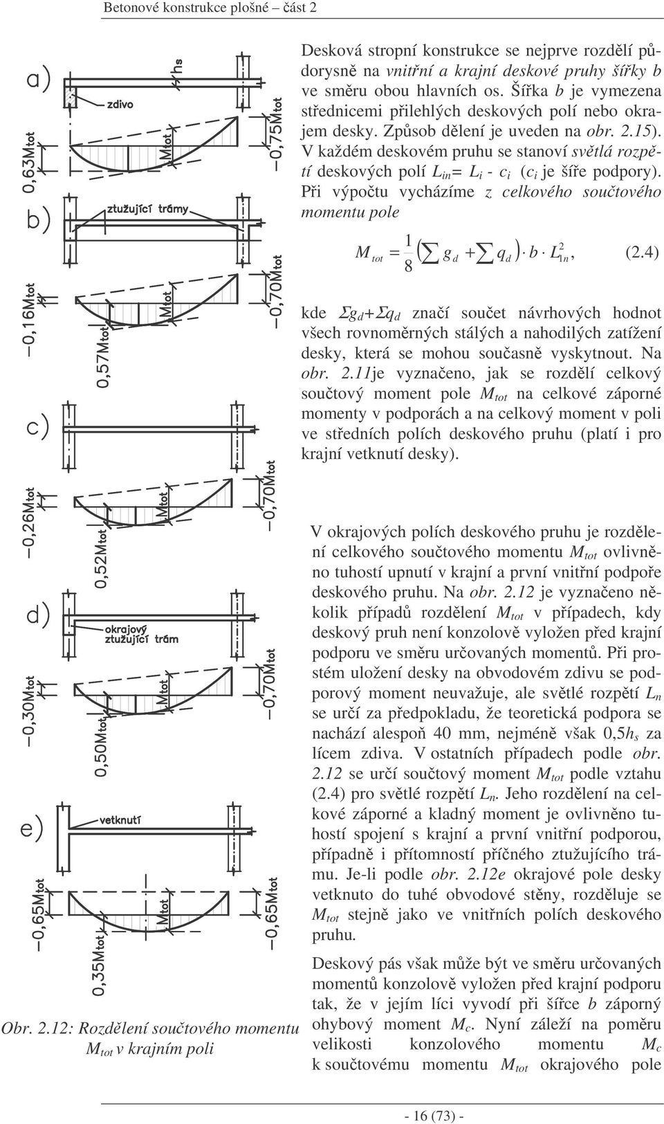 V každém deskovém pruhu se stanoví svtlá rozptí deskových polí L in = L i - c i (c i je šíe podpory). Pi výpotu vycházíme z celkového soutového momentu pole M tot ( g + q ) b L, 1 = d d 1n (.