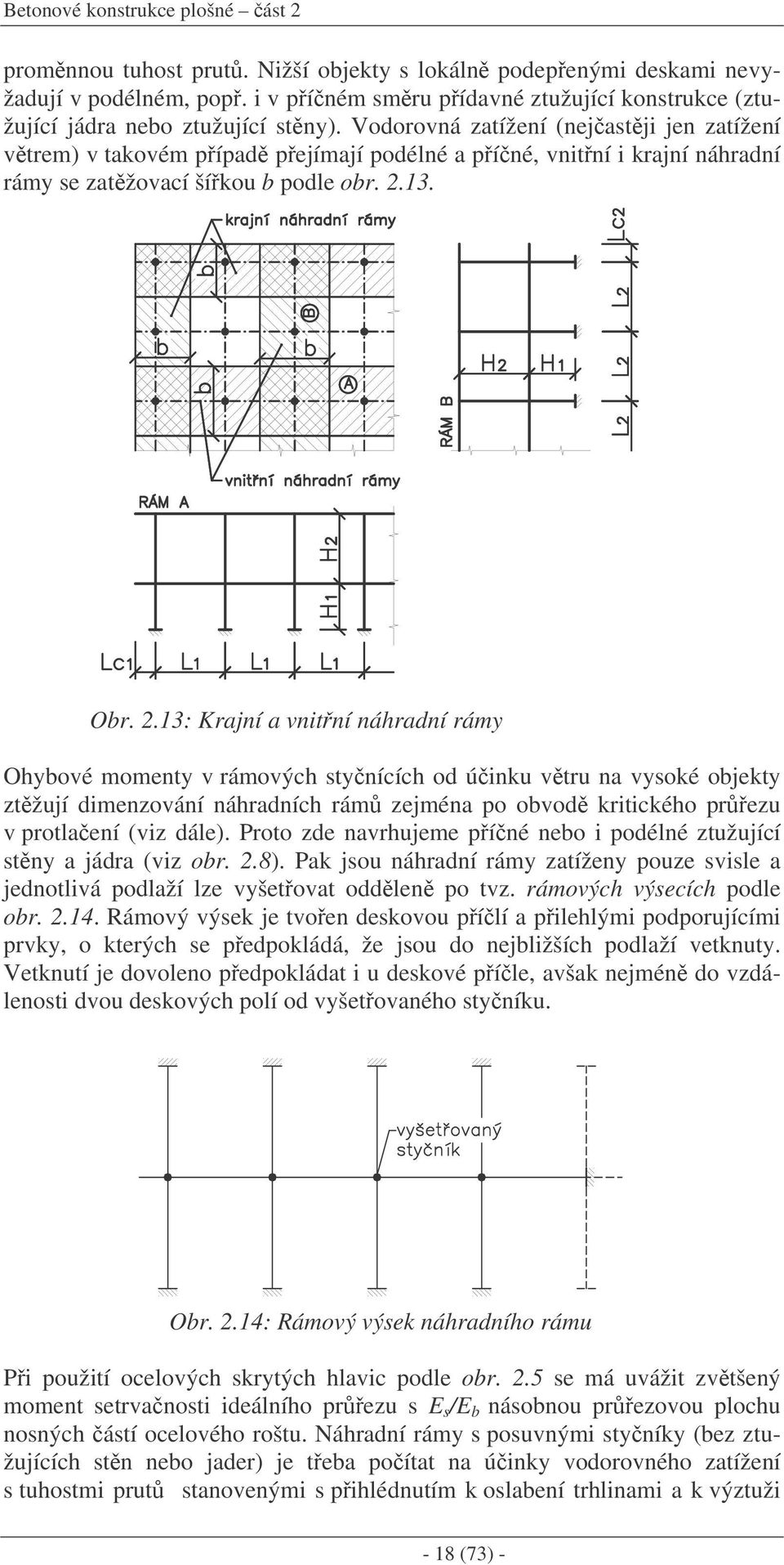 Vodorovná zatížení (nejastji jen zatížení vtrem) v takovém pípad pejímají podélné a píné, vnitní i krajní náhradní rámy se zatžovací šíkou b podle obr..13. Obr.