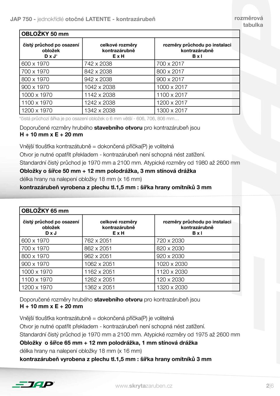 806 mm Standardní čistý průchod je 1970 mm a 2100 mm. Atypické rozměry od 1980 až 2600 mm Obložky o šířce 50 mm + 12 mm polodrážka, 3 mm stínová drážka kontrazárubeň vyrobena z plechu tl.