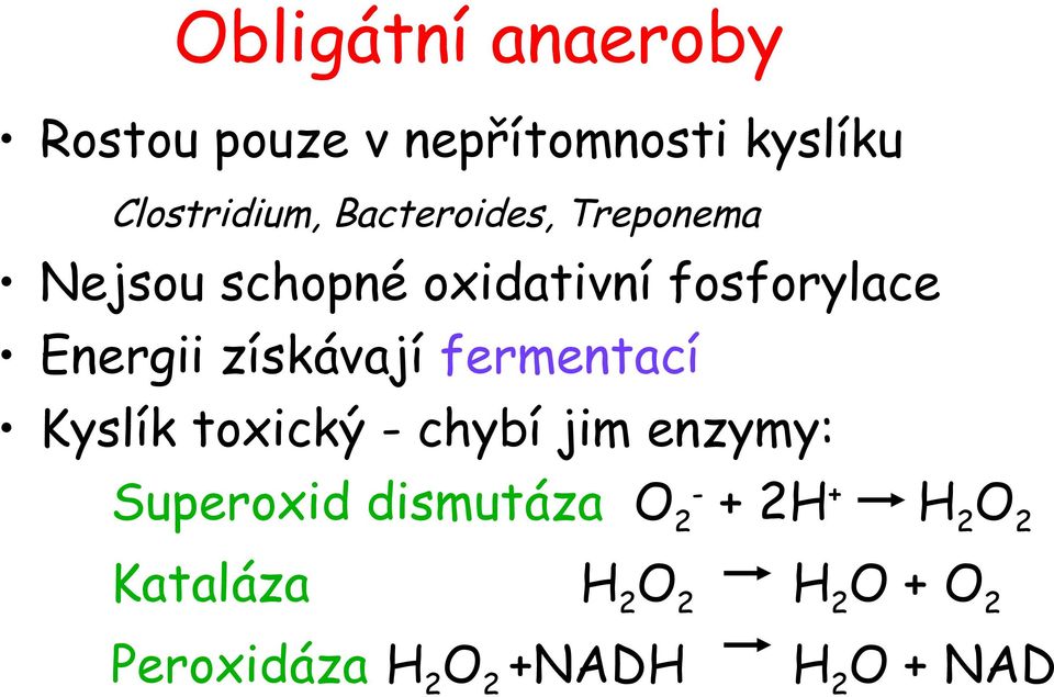 získávají fermentací Kyslík toxický - chybí jim enzymy: - Superoxid