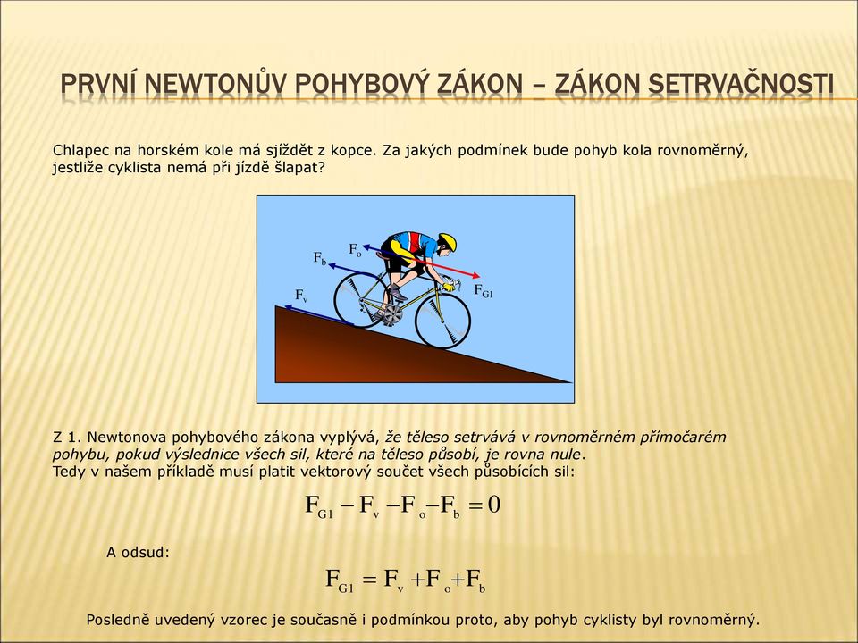 Newtonova pohybového zákona vyplývá, že těleso setrvává v rovnoměrném přímočarém pohybu, pokud výslednice všech sil, které na těleso
