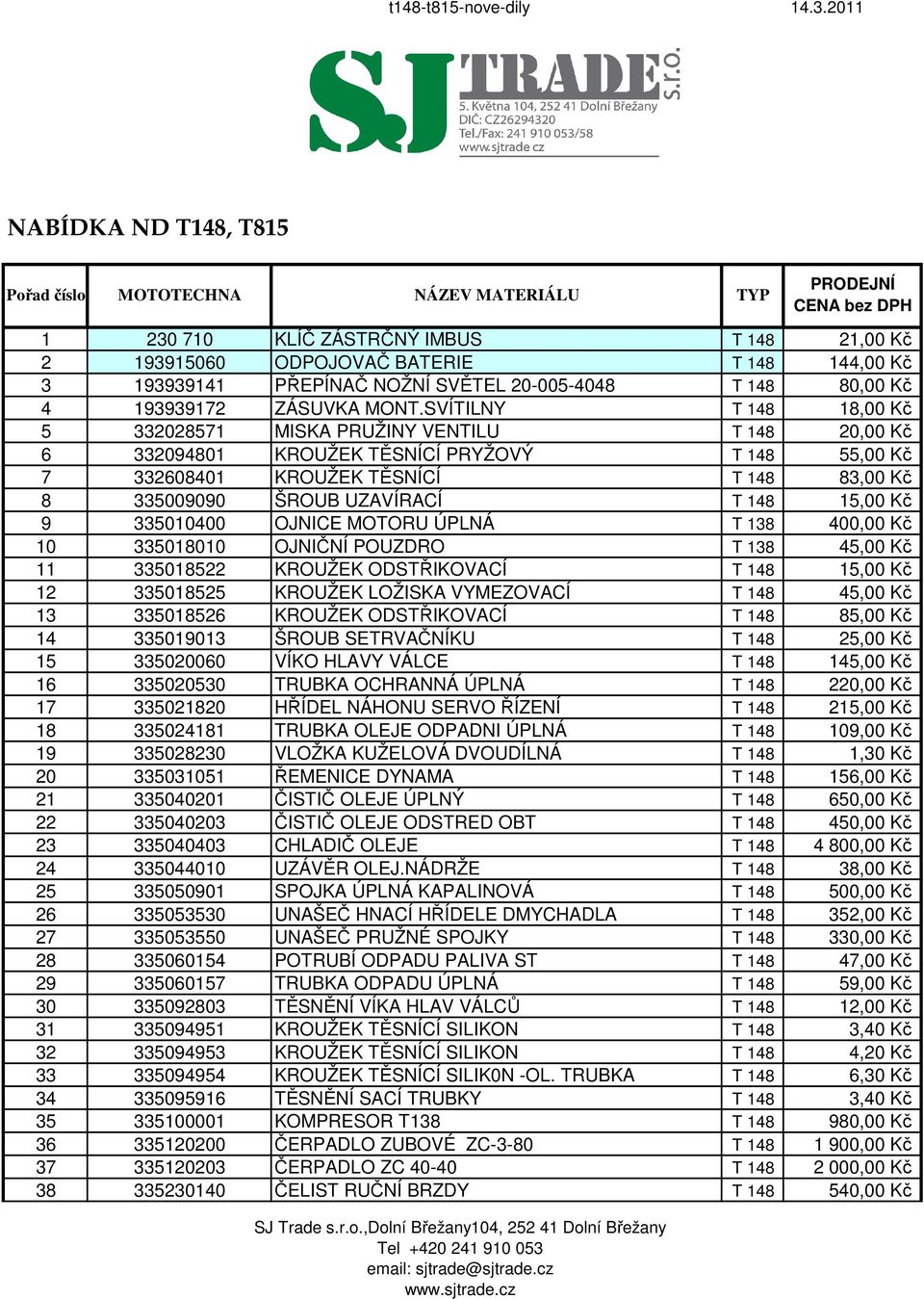 148 15,00 Kč 9 335010400 OJNICE MOTORU ÚPLNÁ T 138 400,00 Kč 10 335018010 OJNIČNÍ POUZDRO T 138 45,00 Kč 11 335018522 KROUŽEK ODSTŘIKOVACÍ T 148 15,00 Kč 12 335018525 KROUŽEK LOŽISKA VYMEZOVACÍ T 148