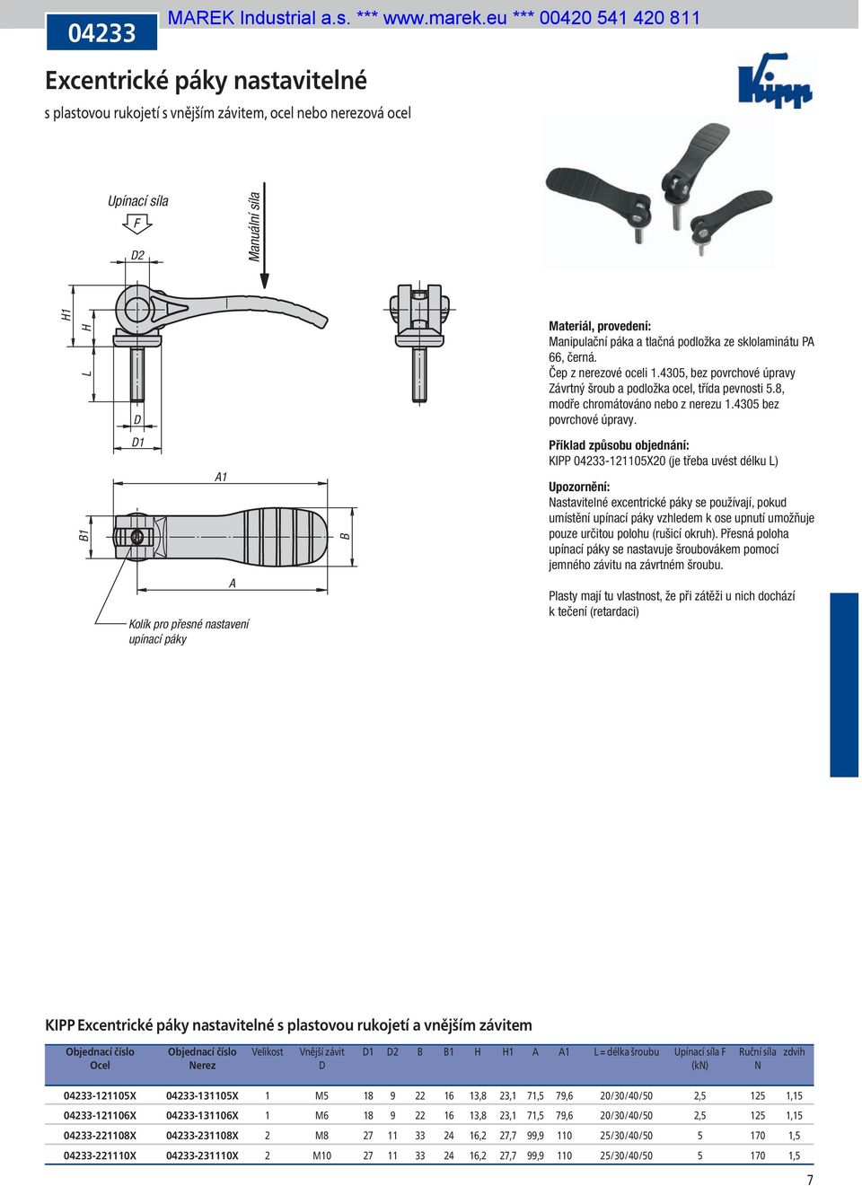 B1 1 A1 A Kolík pro přesné nastavení upínací páky B KIPP 04233-121105X20 (je třeba uvést délku ) Nastavitelné excentrické páky se používají, pokud umístění upínací páky vzhledem k ose upnutí umožňuje