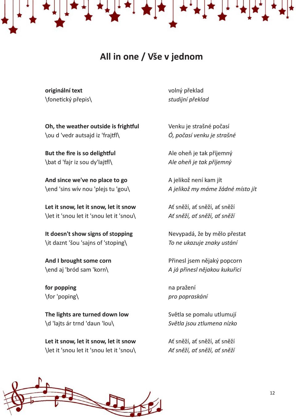 stopping \it daznt 'šou 'sajns of 'stoping\ And I brought some corn \end aj 'bród sam 'korn\ for popping \for 'poping\ The lights are turned down low \d 'lajts ár trnd 'daun 'lou\ Let it snow, let it