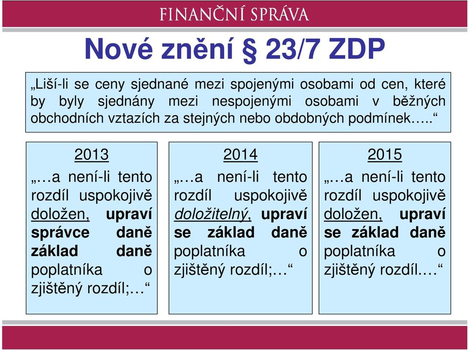 . 2013 a není-li tento rozdíl uspokojivě doložen, upraví správce daně základ daně poplatníka o zjištěný rozdíl; 2014 a není-li