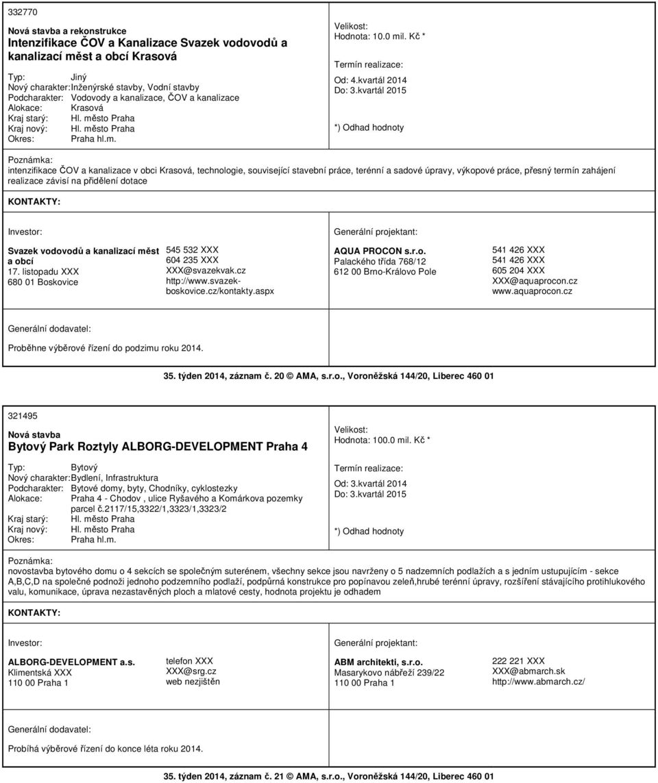 kvartál 2015 intenzifikace ČOV a kanalizace v obci Krasová, technologie, související stavební práce, terénní a sadové úpravy, výkopové práce, přesný termín zahájení realizace závisí na přidělení